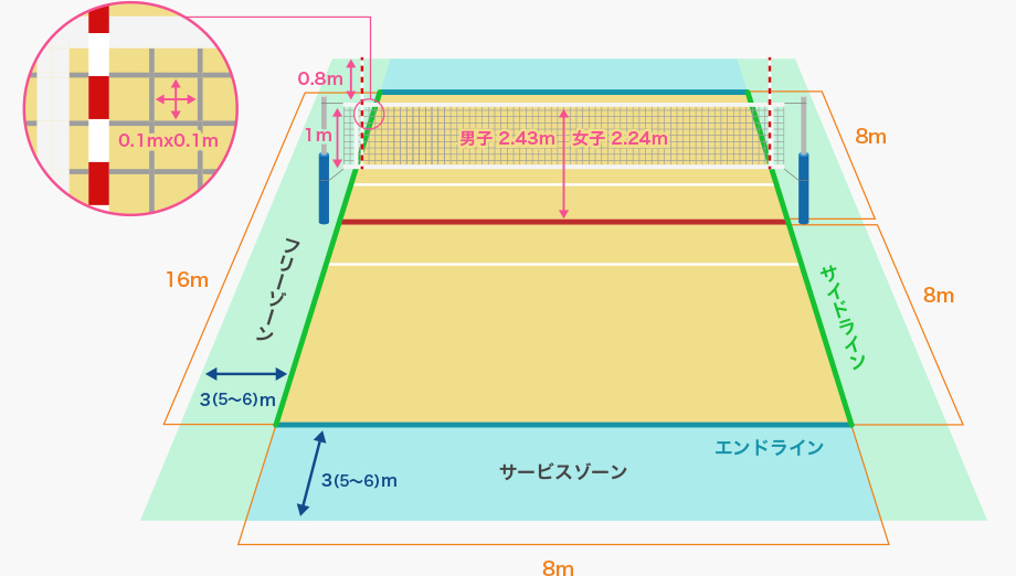 コートは縦16m、横8m。左右に3（5から6）メートルのフリーゾーン、後ろに3（5から6）メートルのサービスゾーンがある。ネットのピッチは0.1メートルである。